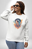Bulutlar Astronot Uzay  Kadın Erkek  Beyaz Baskılı Sweatshirt 