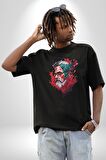 Santa Cool Gözlüklü Pamuklu Bisiklet Yaka Kadın Erkek Oversize Boyfriend Dijital Baskılı Siyah T-shirt