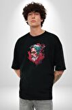Santa Cool Gözlüklü Pamuklu Bisiklet Yaka Kadın Erkek Oversize Boyfriend Dijital Baskılı Siyah T-shirt