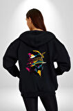 Canlı Afrobeat Füzyon Renkli Siluet Kadın Erkek Siyah Renk Kapüşonlu Kanguru Cepli  Fermuarlı Pamuklu Oversize Dijital Baskılı Hırka Sweatshirt