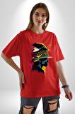 Canlı Afrobeat Füzyon Renkli Siluet Pamuklu Bisiklet Yaka Kadın Erkek Oversize Boyfriend Dijital Baskılı Kırmızı T-Shirt