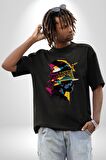 Canlı Afrobeat Füzyon Renkli Siluet Pamuklu Bisiklet Yaka Kadın Erkek Oversize Boyfriend Dijital Baskılı Siyah T-shirt
