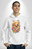 Golden Çiçekli Baby Face Kadın Erkek  Beyaz Kapüşonlu Sweatshirt Hoodie