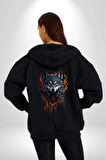Beyaz Kurt Rüya Kapanı Kadın Erkek Siyah Renk Kapüşonlu Kanguru Cepli  Fermuarlı Pamuklu Oversize Dijital Baskılı Hırka Sweatshirt