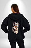 Australian Shepherd Köpek  Kadın Erkek Siyah Renk Kapüşonlu Kanguru Cepli  Fermuarlı Pamuklu Oversize Dijital Baskılı Hırka Sweatshirt