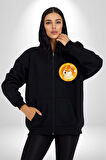 Doge Coin Kadın Erkek Siyah Renk Kapüşonlu Kanguru Cepli  Fermuarlı Pamuklu Oversize Dijital Baskılı Hırka Sweatshirt