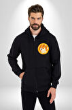 Doge Coin Kadın Erkek Siyah Renk Kapüşonlu Kanguru Cepli  Fermuarlı Pamuklu Oversize Dijital Baskılı Hırka Sweatshirt