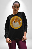 Doge Coin Kadın Erkek  Siyah Baskılı Sweatshirt 