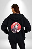 Uluyan Beyaz Kurt Kadın Erkek Siyah Renk Kapüşonlu Kanguru Cepli  Fermuarlı Pamuklu Oversize Dijital Baskılı Hırka Sweatshirt