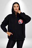 Uluyan Beyaz Kurt Kadın Erkek Siyah Renk Kapüşonlu Kanguru Cepli  Fermuarlı Pamuklu Oversize Dijital Baskılı Hırka Sweatshirt