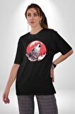 Uluyan Beyaz Kurt Pamuklu Bisiklet Yaka Kadın Erkek Oversize Boyfriend Dijital Baskılı Siyah T-shirt