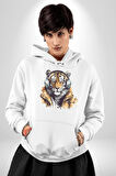 Müzik Dinleyen Kaplan İnsan Mont Kadın Erkek  Beyaz Kapüşonlu Sweatshirt Hoodie