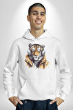Müzik Dinleyen Kaplan İnsan Mont Kadın Erkek  Beyaz Kapüşonlu Sweatshirt Hoodie