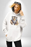 Müzik Dinleyen Kaplan İnsan Mont Kadın Erkek  Beyaz Kapüşonlu Sweatshirt Hoodie