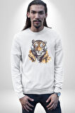Müzik Dinleyen Kaplan İnsan Mont Kadın Erkek  Beyaz Baskılı Sweatshirt 