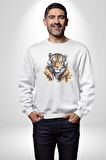 Müzik Dinleyen Kaplan İnsan Mont Kadın Erkek  Beyaz Baskılı Sweatshirt 