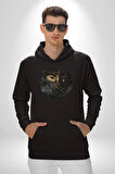 Ay Yıldız Bakır Renk Baykuş Kadın Erkek  Siyah Kapüşonlu Sweatshirt Hoodie