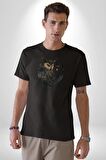 Ay Yıldız Bakır Renk Baykuş Kadın Erkek Unisex Siyah Organik Baskılı T-Shirt Penye Yüksek Kalite
