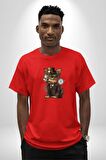 İş İnsanı Yorkshire Zamanda Yolculuk Pamuklu Bisiklet Yaka Kadın Erkek Oversize Boyfriend Dijital Baskılı Kırmızı T-Shirt