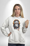 Kulaklık Maymun Müzik Dinliyor Kadın Erkek  Beyaz Kapüşonlu Sweatshirt Hoodie