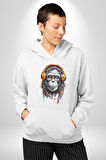 Kulaklık Maymun Müzik Dinliyor Kadın Erkek  Beyaz Kapüşonlu Sweatshirt Hoodie