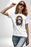 Kulaklık Maymun Müzik Dinliyor Kadın Erkek Unisex Beyaz Organik Baskılı T-Shirt Penye Yüksek Kalite