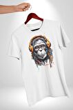 Kulaklık Maymun Müzik Dinliyor Kadın Erkek Unisex Beyaz Organik Baskılı T-Shirt Penye Yüksek Kalite