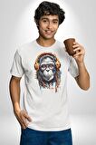 Kulaklık Maymun Müzik Dinliyor Kadın Erkek Unisex Beyaz Organik Baskılı T-Shirt Penye Yüksek Kalite