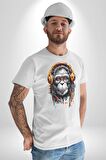 Kulaklık Maymun Müzik Dinliyor Kadın Erkek Unisex Beyaz Organik Baskılı T-Shirt Penye Yüksek Kalite