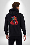 Kırmızı Hoodie Ayı  Kadın Erkek Siyah Renk Kapüşonlu Kanguru Cepli  Fermuarlı Pamuklu Oversize Dijital Baskılı Hırka Sweatshirt