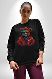 Kırmızı Hoodie Ayı  Kadın Erkek  Siyah Baskılı Sweatshirt 