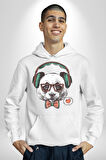 Kulaklıklı Hipster Portre Panda Kadın Erkek  Beyaz Kapüşonlu Sweatshirt Hoodie