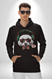 Kulaklıklı Hipster Portre Panda Kadın Erkek  Siyah Kapüşonlu Sweatshirt Hoodie