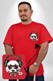 Kulaklıklı Hipster Portre Panda Kırmızı Büyük Beden Kadın Basic Minimal Baskılı Tişört