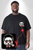 Kulaklıklı Hipster Portre Panda Siyah Büyük Beden Kadın Basic Minimal Baskılı Tişört