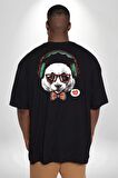 Kulaklıklı Hipster Portre Panda Büyük Beden Siyah Tişört Kadın Erkek Ünisex Sırt Baskılı