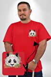 Panda Mandala  Kırmızı Büyük Beden Kadın Basic Minimal Baskılı Tişört