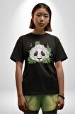 Panda Mandala  Pamuklu Bisiklet Yaka Kadın Erkek Oversize Boyfriend Dijital Baskılı Siyah T-shirt