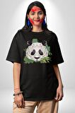 Panda Mandala  Pamuklu Bisiklet Yaka Kadın Erkek Oversize Boyfriend Dijital Baskılı Siyah T-shirt