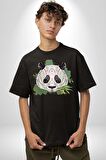 Panda Mandala  Pamuklu Bisiklet Yaka Kadın Erkek Oversize Boyfriend Dijital Baskılı Siyah T-shirt