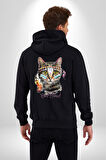 Red Cloud Kedi Hintli Kadın Erkek Siyah Renk Kapüşonlu Kanguru Cepli  Fermuarlı Pamuklu Oversize Dijital Baskılı Hırka Sweatshirt