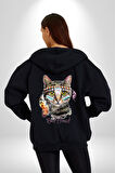 Red Cloud Kedi Hintli Kadın Erkek Siyah Renk Kapüşonlu Kanguru Cepli  Fermuarlı Pamuklu Oversize Dijital Baskılı Hırka Sweatshirt