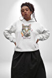 Red Cloud Kedi Hintli Kadın Erkek  Beyaz Kapüşonlu Sweatshirt Hoodie