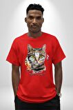 Red Cloud Kedi Hintli Pamuklu Bisiklet Yaka Kadın Erkek Oversize Boyfriend Dijital Baskılı Kırmızı T-Shirt