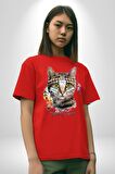 Red Cloud Kedi Hintli Pamuklu Bisiklet Yaka Kadın Erkek Oversize Boyfriend Dijital Baskılı Kırmızı T-Shirt