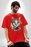 Red Cloud Kedi Hintli Pamuklu Bisiklet Yaka Kadın Erkek Oversize Boyfriend Dijital Baskılı Kırmızı T-Shirt
