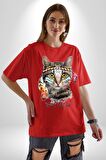 Red Cloud Kedi Hintli Pamuklu Bisiklet Yaka Kadın Erkek Oversize Boyfriend Dijital Baskılı Kırmızı T-Shirt