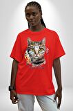 Red Cloud Kedi Hintli Pamuklu Bisiklet Yaka Kadın Erkek Oversize Boyfriend Dijital Baskılı Kırmızı T-Shirt