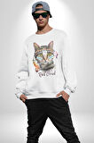 Red Cloud Kedi Hintli Kadın Erkek  Beyaz Baskılı Sweatshirt 