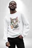 Red Cloud Kedi Hintli Kadın Erkek  Beyaz Baskılı Sweatshirt 